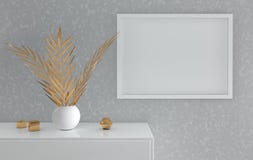 Poster frame mockup with gold palm leaves in the vase, golden decorative elements on grey background. Front view photo frame on vector illustration Poster frame mockup with gold palm leaves in the vase, golden decorative elements on grey background. Front view photo frame on vector illustration
