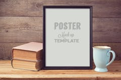 Poster mock up template with old books and coffee cup