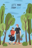 Poster template with cute couple holding hands and walking together at park and romantic phrase. Young boy and girl in vector illustration Poster template with cute couple holding hands and walking together at park and romantic phrase. Young boy and girl in vector illustration