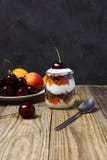 Postre de cristal hecho del yogur, del granola, de los albaricoques y de las cerezas fotos de archivo libres de regalías Postre de cristal hecho del yogur, del granola, de los albaricoques y de las cerezas fotos de archivo libres de regalías