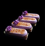 Postres quemados de la nata púrpura de la primavera con las flores frescas y el caramelo de la lila aislados en fondo negro imagen de archivo libre de regalías Postres quemados de la nata púrpura de la primavera con las flores frescas y el caramelo de la lila aislados en fondo negro imagen de archivo libre de regalías