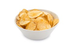 Potato chips in a white round bowl. White round bowl full of potato chips, isolated on white background Royalty Free Stock Image Potato chips in a white round bowl. White round bowl full of potato chips, isolated on white background Royalty Free Stock Image