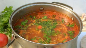 Potenciômetro com uma borsch apetitosa e saboroso caseiro Sopa vegetal das beterrabas vermelhas, fervendo em uma caçarola video estoque Potenciômetro com uma borsch apetitosa e saboroso caseiro Sopa vegetal das beterrabas vermelhas, fervendo em uma caçarola video estoque