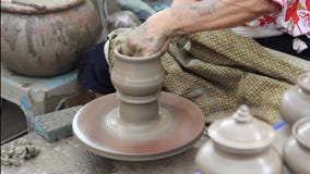 Potter Hands Making In Clay On Pottery Wheel Stock Images
