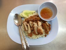 Poulet cuit à la vapeur avec du riz frit et le concombre avec une tasse de fourchette douce de sauce et de cuillère dans le plat images libres de droits Poulet cuit à la vapeur avec du riz frit et le concombre avec une tasse de fourchette douce de sauce et de cuillère dans le plat images libres de droits