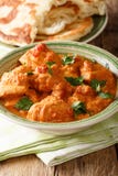 Poulet de Karhai d'Indien dans un plan rapproché épicé de sauce servi avec du pain naan vertical images libres de droits Poulet de Karhai d'Indien dans un plan rapproché épicé de sauce servi avec du pain naan vertical images libres de droits