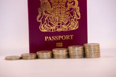 Pound Coins Stacked in front on UK Passport stock photography Pound Coins Stacked in front on UK Passport stock photography