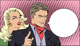 Povos no pop art retro do estilo e na propaganda do vintage O homem com uma menina quer atrair a atenção ilustração stock Povos no pop art retro do estilo e na propaganda do vintage O homem com uma menina quer atrair a atenção ilustração stock