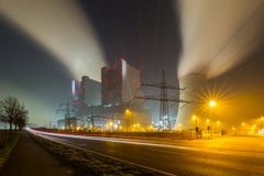 Coal power station at night. A power plant in germany at night with lighttrails