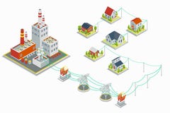 Powerhouse and electric energy distribution vector infographic. 3D isometric concept vector illustration Powerhouse and electric energy distribution vector infographic. 3D isometric concept vector illustration