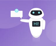 Praatje bot op de ultraviolette achtergrond wordt geïsoleerd die Bot houdt toespraakbellen De robot zegt hallo op het scherm stock illustratie Praatje bot op de ultraviolette achtergrond wordt geïsoleerd die Bot houdt toespraakbellen De robot zegt hallo op het scherm stock illustratie
