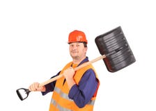 Pracownik w ciężkiego kapeluszu mienia łopacie Zdjęcia Stock Pracownik w ciężkiego kapeluszu mienia łopacie Zdjęcia Stock