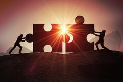 Pracy zespołowej, partnerstwa i współpracy pojęcie, Sylwetki dwa biznesmen łączy dwa kawałka łamigłówka wpólnie ilustracja wektor Pracy zespołowej, partnerstwa i współpracy pojęcie, Sylwetki dwa biznesmen łączy dwa kawałka łamigłówka wpólnie ilustracja wektor