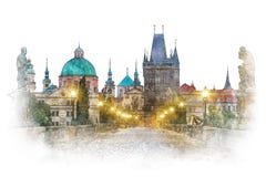 Praga - señal famosa Charles Bridge, ilustraciones de la acuarela Imágenes de archivo libres de regalías Praga - señal famosa Charles Bridge, ilustraciones de la acuarela Imágenes de archivo libres de regalías