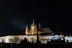 Prague castle at night, with stars filled sky