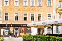 Showcases of the shop Hard Rock Cafe in Prague stock photo Showcases of the shop Hard Rock Cafe in Prague stock photo