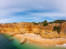 Praia De Marinha Most beautiful beach in Lagoa, Algarve Portugal. Aerial view on cliffs and coast of Atlantic ocean stock image Praia De Marinha Most beautiful beach in Lagoa, Algarve Portugal. Aerial view on cliffs and coast of Atlantic ocean stock image