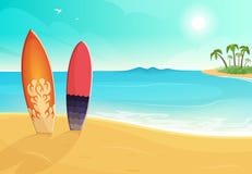 Prancha em cores diferentes Praia do mar e da areia Ilustração do fundo do verão do vetor ilustração stock Prancha em cores diferentes Praia do mar e da areia Ilustração do fundo do verão do vetor ilustração stock