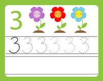 Pratique en matière d'écriture Étude des nombres avec les caractères mignons Numéro trois Fiche de travail imprimable éducative p Images stock Pratique en matière d'écriture Étude des nombres avec les caractères mignons Numéro trois Fiche de travail imprimable éducative p Images stock