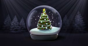 Precipitazioni nevose della palla di neve dell'albero di Natale nell'animazione scura della foresta di notte illustrazione di stock Precipitazioni nevose della palla di neve dell'albero di Natale nell'animazione scura della foresta di notte illustrazione di stock