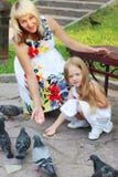 Pregnant Mother And Little Daughter Feed Pigeons In Summer Stock Photos