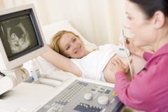 Pregnant woman getting ultrasound from doctor
