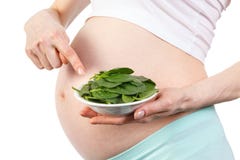 Pregnant woman showing green spinach, healthy nutrition containing iron during pregnancy Stock Images Pregnant woman showing green spinach, healthy nutrition containing iron during pregnancy Stock Images