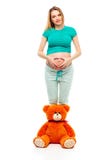 Pregnant young woman on white background making a heart on its stomach, a soft toy bear near her legs. Smiles,happy. The royalty free stock images Pregnant young woman on white background making a heart on its stomach, a soft toy bear near her legs. Smiles,happy. The royalty free stock images