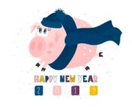 Prentbriefkaar met leuk grappig varken - symbool van het jaar in de Chinese kalender 2019 Het karakter van het Piggybeeldverhaal vector illustratie Prentbriefkaar met leuk grappig varken - symbool van het jaar in de Chinese kalender 2019 Het karakter van het Piggybeeldverhaal vector illustratie