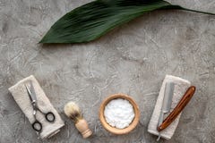Preparing for men shaving. Shaving brush, razor, sciccors, foam on grey stone table background top view copyspace royalty free stock images Preparing for men shaving. Shaving brush, razor, sciccors, foam on grey stone table background top view copyspace royalty free stock images