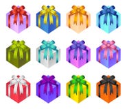 Present gift box vector, glossy bows and ribbons on gift box, decoration labels collection for birthday, christmas, new year. Gift stock illustration Present gift box vector, glossy bows and ribbons on gift box, decoration labels collection for birthday, christmas, new year. Gift stock illustration