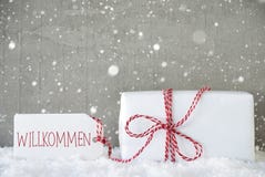 Presente, fundo com flocos de neve, boa vinda do cimento dos meios de Willkommen Fotografia de Stock Royalty Free Presente, fundo com flocos de neve, boa vinda do cimento dos meios de Willkommen Fotografia de Stock Royalty Free