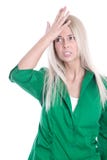 Presión del negocio: mujer bastante joven frustrada en blusa verde Imagenes de archivo Presión del negocio: mujer bastante joven frustrada en blusa verde Imagenes de archivo