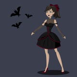 Pretty girl in black gothic dress with bats. Halloween party. stock illustration Pretty girl in black gothic dress with bats. Halloween party. stock illustration