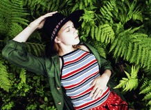 Pretty Young Blond Girl Hipster In Hat Among Fern, Vacation In Green Forest, Lifestyle Fashion People Concept Stock Photography