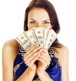 Pretty Young Brunette Real Modern Woman With Money Cash Isolated On White Background Happy Smiling, Lifestyle People Royalty Free Stock Photography Pretty Young Brunette Real Modern Woman With Money Cash Isolated On White Background Happy Smiling, Lifestyle People Royalty Free Stock Photography