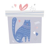 Prezenta pudełko z śliczną dekoracją i kotem Handdrawn ilustracji Prezenta pudełko z śliczną dekoracją i kotem Handdrawn ilustracji