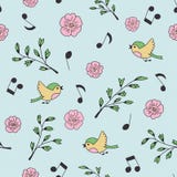 Primavera, pájaros y música Garabato e historieta Modelo inconsútil libre illustration Primavera, pájaros y música Garabato e historieta Modelo inconsútil libre illustration