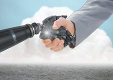 Primer del hombre de negocios que sacude las manos con la mano del robot con las nubes en fondo libre illustration Primer del hombre de negocios que sacude las manos con la mano del robot con las nubes en fondo libre illustration