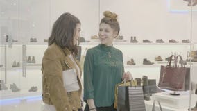 Primos fêmeas que andam nos sacos de compras levando da alameda e que procuram um par do estilete de sapatas para combinar o vest vídeos de arquivo Primos fêmeas que andam nos sacos de compras levando da alameda e que procuram um par do estilete de sapatas para combinar o vest vídeos de arquivo