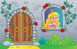 Princesa en ventana y puerta vieja stock de ilustración Princesa en ventana y puerta vieja stock de ilustración