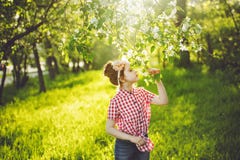 Princess Girl Breathing A Apple Flower In Sunset Light, Profile Stock Photography