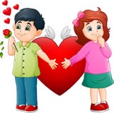 Cute Little boy giving flowers to a girl stock illustration Cute Little boy giving flowers to a girl stock illustration