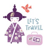 Illustration of a Japanese Girl in the form of a National Kokeshi doll in a kimono royalty free illustration Illustration of a Japanese Girl in the form of a National Kokeshi doll in a kimono royalty free illustration