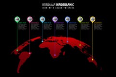 World map infographic template black background, color icons as data visualization vector illustration World map infographic template black background, color icons as data visualization vector illustration