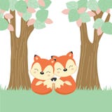 Mother`s day greeting card with little fox and mother on the wood log. vector illustration Mother`s day greeting card with little fox and mother on the wood log. vector illustration