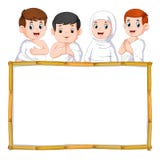 the four children are using the white cloth above the wooden banner royalty free illustration the four children are using the white cloth above the wooden banner royalty free illustration