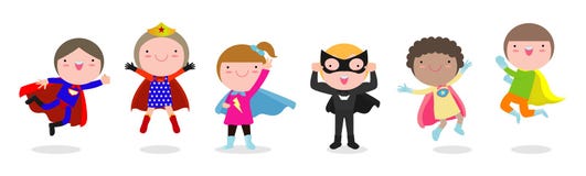 Cartoon set of Kids Superheroes wearing comics costumes, children With Super hero Costumes set, child in Superhero costume stock illustration Cartoon set of Kids Superheroes wearing comics costumes, children With Super hero Costumes set, child in Superhero costume stock illustration