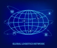 Global logistics network. Map global logistics partnership connection. Globe and logistics icons in the form of satellites in neon. Style. Flat design. Vector stock illustration Global logistics network. Map global logistics partnership connection. Globe and logistics icons in the form of satellites in neon. Style. Flat design. Vector stock illustration