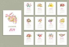 Printable 2019 kalendarz z dosyć kolorowymi kwiatami ilustracji Printable 2019 kalendarz z dosyć kolorowymi kwiatami ilustracji